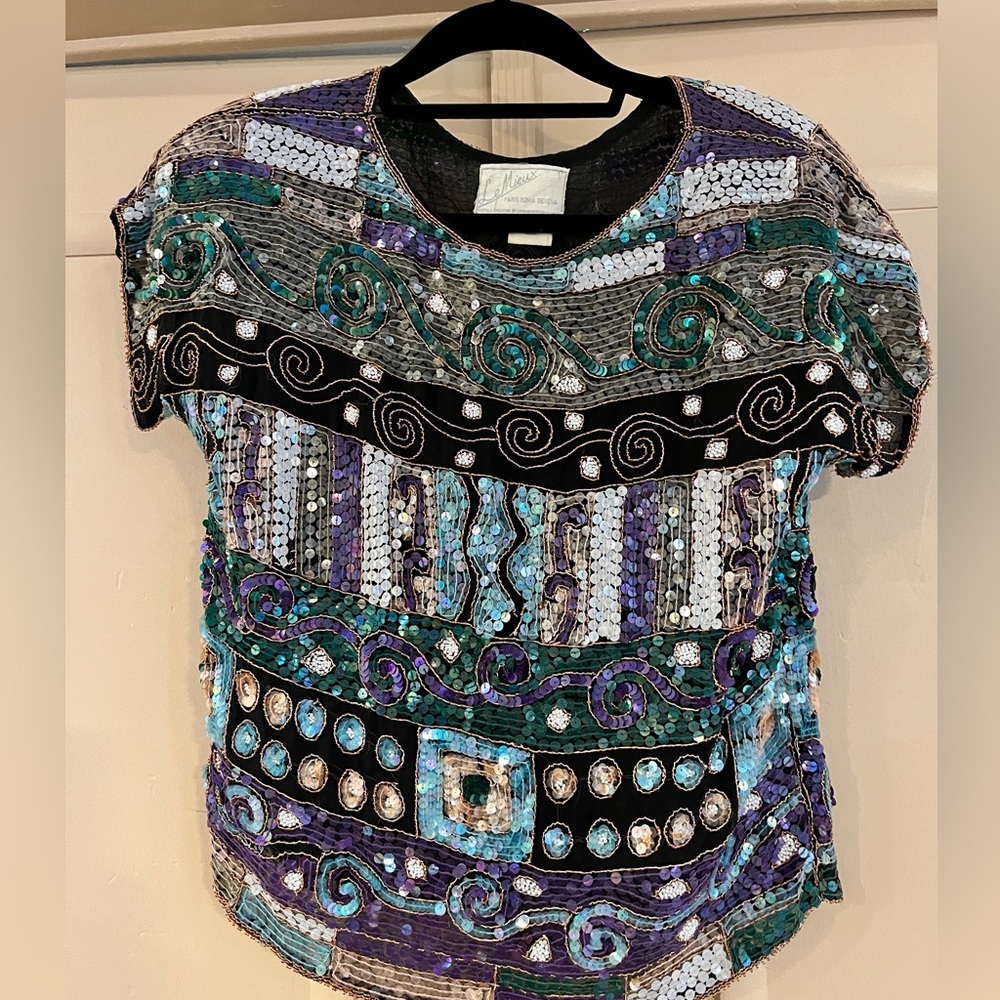 100% Silk . Handcrafted in India . Unique Vintage sequin top.